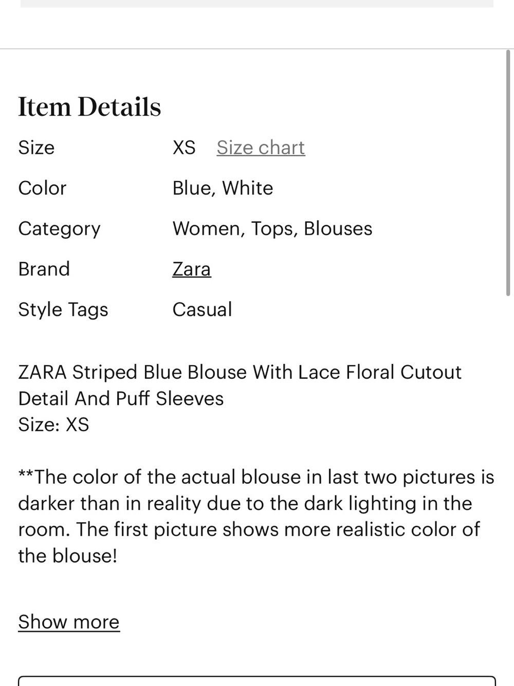 ZARA Striped Blue Blouse With Lace Floral Cutout Detail And Puff Sleeves - Picture 7 of 7